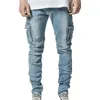 Homens Solid Skinny Bolsos Denim Cargo Combate Calças Calças de Jeans Slim Fit Bottoms Moda Mens Casual Outwear 210716