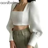 Frauen Blusen Quadrat Kragen Puff Sleeve Crop Top Frühling Mädchen Mode Einfarbig Korsett Tops Büro Dame Sexy Hemd 210604