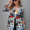 Vintage Mektubu Düzensiz Baskı Blazer Kadın Ceket Yüksek Sokak Moda Güz Artı Boyutu Zarif Lady Coat Amerikan Şık 211019