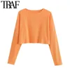 Femmes Mode Lâche Recadrée Orange Chandail Tricoté Vintage O Cou À Manches Longues Femme Pulls Chic Tops 210507