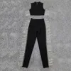 Free Women Bandage Costume Set Black Sexy O-neck Sleeveless Fringed Short Top & Pants Two-piece Club Party 210524