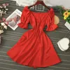 LY VAREY LIN Donna Summer Square Collar Flare Sleeve Vintage Dress Button Stampa floreale Abiti al ginocchio a vita alta 210526