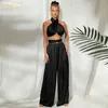 Clacive Sexy Chic Satin Women Two Piece Set Summer Halter Tank Top High Waist Palazzo Pants Fashion Party Club 2 211105