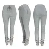 Calças empilhadas Mulheres Sólida Cintura Alta Cintura Bell Flare Flare Plissado Calças Casuais Leggings Active Grossas Calças de Calça X0629