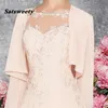 2022 Pink Satin Mother Of the Bride Groom Dresses 2 Pieces With Jacket Lace Knee-length Formal Party Wedding Evening Gowns