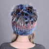 Genuine Rex Rabbit Fur Women's Hats Winter Beanie Striped Head Top Flower Warm Real Wool Knit Caps Headgear Hat free 211119