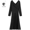 Fansilanen sexy v-hals zwart lange trui jurk vrouwen mouw slanke elegante partij herfst winter gebreide vintage 210607