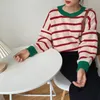 Kvinnors Tröjor Qingwen Striped Sweater Kvinnor Casual Loose Pullover O-Neck All-Match Stickad Top Jumper Fall Långärmad Sticka Pull Femme