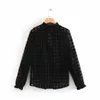 women sexy deep v neck houndstooth pattern casual mesh blouses shirts long sleeve ruffles lace up smock blusas LS4299 210420
