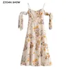 Vintage France Tie Bow Cuff Floral Print Spaghetti Strap Midi Dress Retro Sexy Women Back Elastic Ruched Slim Sling Dresses 210429