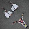 Sexy Bikini Black Print Split Flower Two Piece Swimwear Deep V Beach Wear Summer Bra Bathing Suit 210621