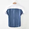 1728 Мужчины летняя мода Япония простая харакую высокое качество 100% льняной ткани градиент лоскутное покрытие с коротким рукавом повседневные тонкие рубашки 210714