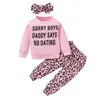 Abiti primaverili per bambini 18-24 mesi Vestiti per bambina Pink Daddy Says No Dating Top + Pantaloni leopardati con set di fascia per capelli Abbigliamento