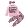 Crianças roupas de primavera 1824 meses roupas da menina do bebê rosa papai diz sem namoro topo calças leopardo com bandana conjuntos roupas 4663464