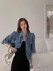 Korea Letnia Moda Turn-Down Collar Single Breasted Rękaw Puff Sleeve Krótka Kurtka Dżinsowa Dorywczo Kobiety Ruched Chic Top Femme 210519