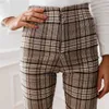 Wysoka talia Spodnie w kratę Kobiety Skinny Spodnie Vintage Długie Eleganckie Slim Ol Zipper Sprawdź Ołówek Pantalon D30 210915