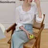Nomikuma boog knoop decoratie elegante shirts vrouwen vierkante kraag lange mouw blouse camisas koreaanse stijl blusas mujer 210514