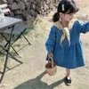 Primavera Chegada Meninas de Manga Longa Denim Dress Kids Korean Design Vestidos Roupas de Menina 210528