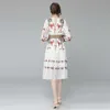 Kadınlar Yaz Tasarımcısı Zarif Beyaz Baskı Fener Kol Düğmeleri Seksi Kokteyl Parti Robe Kadın Vintage Şifon Elbise Vestidos 210525