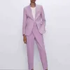 Za byxa kostym kvinnliga arbetskläder outfits tailleur femme set rosa långärmade jackor kvinnor kappor kontor damer elegant chic 211105
