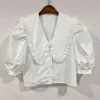 Koreaanse Sweet Peter Pan Collar White Shirts Woman Puff Short Mouw Solid Ruffled Blouse Dameskleding Plus Size Losse Tops 14253 210512