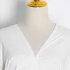 Twotwinstyle Dantelli Beyaz T Gömlek Kadınlar Için V Boyun Kısa Kollu Tunik Ön Yarık Minimalist T Shirt Kadın Yaz Moda 210517