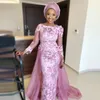 Aso Ebi Evening Dresses With Detachable Train Illusion Long Sleeves Prom Dress Mermaid Lace Appliques African Robe De Soire