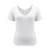 女性の白いTシャツセクシーバック中空アウトレースパッチワークVネック半袖スリムTシャツサマーソリッドカラープルオーバートップ210522