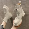 Botas femininas curtas saltos altos sapatos casuais queda de inverno cadeia de inverno moda grossa bege zapatillas mujer