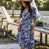 Frauen langes Baumwollkleid Sommer V-Ausschnitt Kurzarm Blumendruck Bohe-Stil Lässige Damen knöchellange Kleider Vintage weiblich 210524