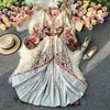 秋の滑走路デザイナーBoho Maxiのドレス女性のVネックシングルブレストフラワープリントランタンスリーブをタッセルベルト210514