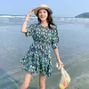 Francuski Vintage Kwiatowy Sukienka Casual Rękaw Puff Kobiety Sexy Mini Koreańskie Damskie Wiosna Party Odzież Odzież 210604