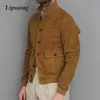 Vintage abotonado soporte collar chaquetas sólidas hombres otoño invierno moda parche bolsillos abrigos para hombre casual manga larga ropa exterior 211217