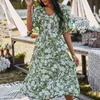 Frauen langes Baumwollkleid Sommer V-Ausschnitt Kurzarm Blumendruck Bohe-Stil Lässige Damen knöchellange Kleider Vintage weiblich 210524