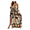 Casual klänningar sommar vintage europeisk barock off-shoulder tryckta kvinnors långärmad klänning stil golvlängd