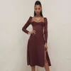 Summer Women Elegant Wine Red Midi Club Dress Sexy Long Sleeve Fashion Celebrity Evening Runway Party Lady 210423