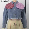 Jean Jacket Women Denim S Moda Długi Rękaw Kołnierz Kołnierz Kobiet Krótki Płaszcz Dorywczo Patchwork Cropped Coats 210513