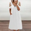 Forma Casual Moda Sólida Cor Hollow Manga Curta Zíper V-Pescoço Vestido Moda Verão Maxi Dress Mulheres Impressa Sundress