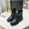 Interlocking Black Ankle Biker chunky platform flats combat Boots low heel lace-up booties leather chains logo buckle women