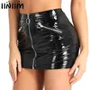 Kvinnor damer wetlook kostymer femme kjolar stretchy faux läder falska dragkedja fickor bodycon sexig klubb mini kjol party clubwear 210619