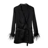 Women Black Gray Sash Button Long Sleeve Notch Collar Blazer Satin Double-breasted Solid C0318 210514