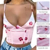 Sexy Staghetti V Pescoço Cetim Corset Top com tiras 2021 Verão Cópia Floral Roupa Azul Sem Mangas Clube Mulheres Crop Tops Y0622