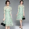 Letnie pas startowy Koronki damskie Vintage Gaza Pół Rękaw Sukienka Voile Splice Floral Female Mesh Hak Slim Vestido 210529