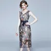 エレガントなノースリーブメッシュフローラル刺繍サッシロングドレス夏の女性の高品質パーティー210529