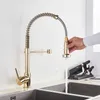 Senlesen Kök Kran Spring Golden Finish Brass Swivel Spout Singelhandtag Vanity Sink Mixer Vattenkran och Kall 210724