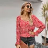 Automne Col Carré Floral Lâche Chemise Femmes Chemisier Bouton Vintage Rouge Tops pour Femmes Vêtements Manches Longues Chemises Dame 210514