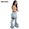 CM.YAYA femmes jean taille moyenne déchiré élastique gaine pleine longueur Denim Flare pantalon femme mode pantalon décontracté été 210708