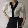 Женщины свитер летний корейский шик девушка элегантный темперамент V-образным вырезом однобортный повседневный слоеный рукав вязать кардиганы 210514