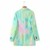 Damesmode Double Breasted Tie-Dye Print Blazer Jas Vintage Lange Mouw Zakken Vrouwelijke Bovenkleding Chic Tops 210521