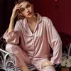 Satin Kvinnor Sleepwear Lace Pajamas Set Lounge Wear Patchwork 2pcs Shirtpants Casual Nightwear Pyjamas Mjuk intim Underkläder Q0706